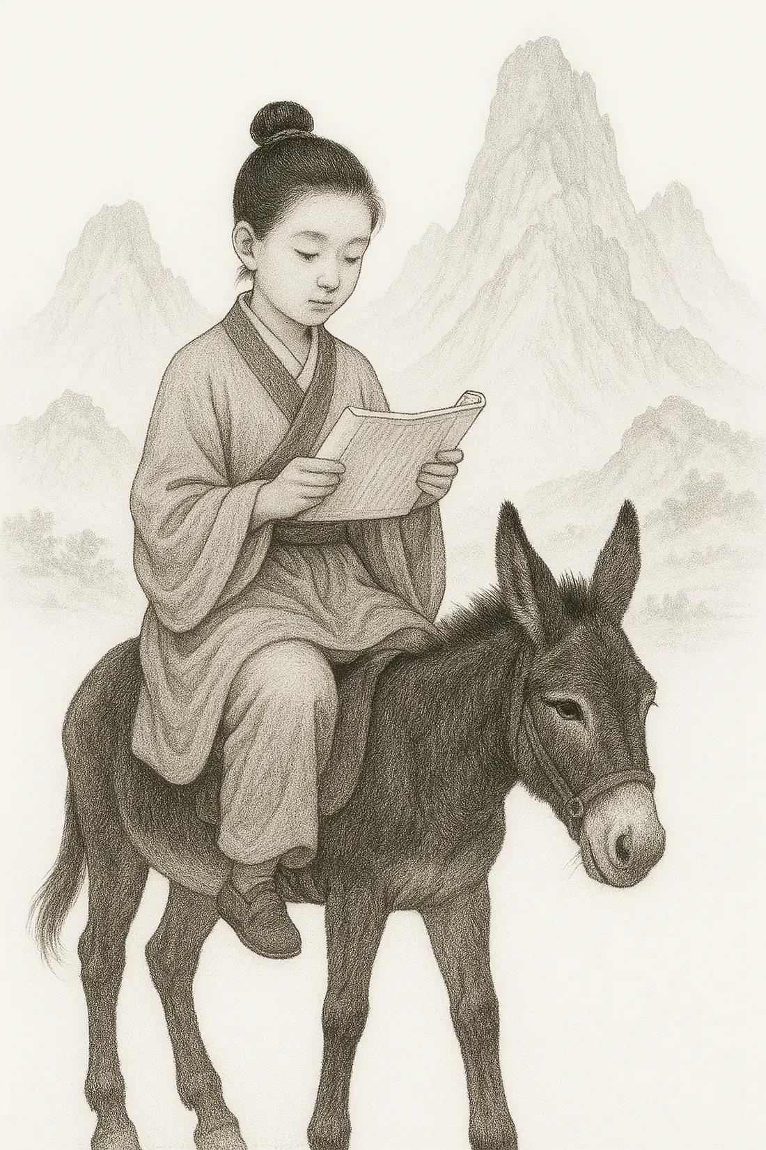 Atone's scholar and donkey mascot in a Chinese ink-painting landscape